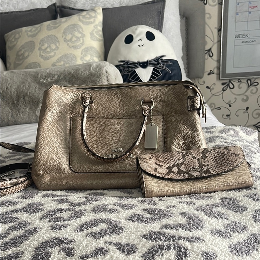 Coach Metallic Gold Handbag and Wallet Set with crossbody strap